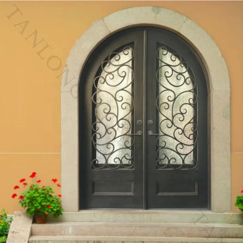 High Quality Glass House Apartment Entrance Iron Double Door Curved Arched  Entry Doors