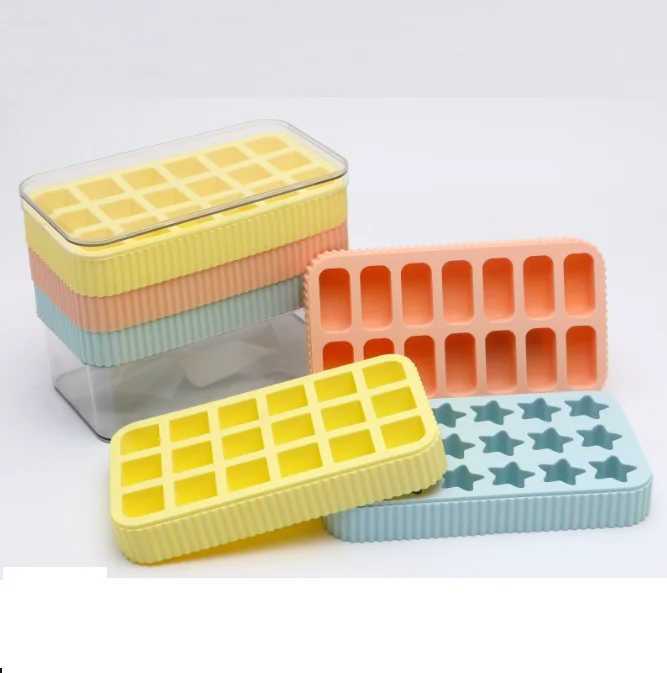 New 2024 silicone Ice cube tray box with scoop 3 Layered ice cube tray with lid ice storage for Whiskey candy Puddy mold