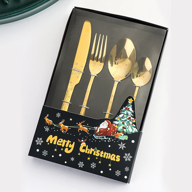 Christmas Tableware Sets Stainless Steel 4pcs Christmas Laser elk spoon Luxury  Minimalist Business Custom Gifts