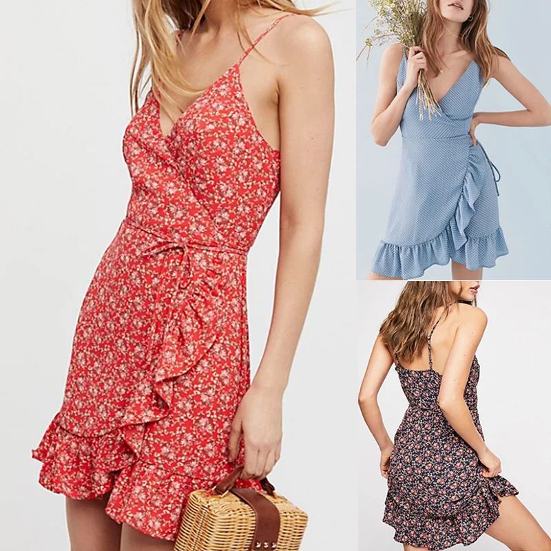 
Wholesale Female Clothing Hot Summer Sexy V Neck Strap Women One Piece Ruffle Floral Short Mini Boho Beach Wrap Dress With Belt 