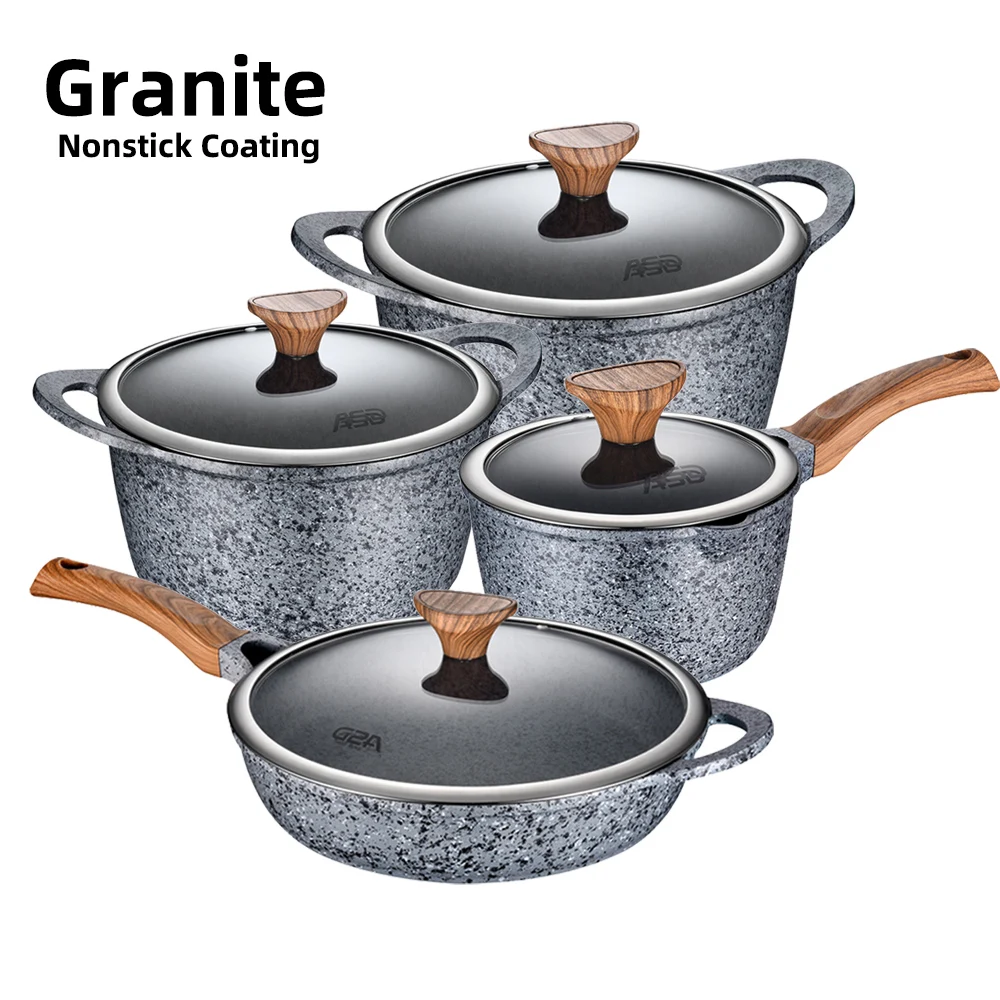 8pcs Granite Pots and Pans Set Non Stick Kitchen Cookware Sets Induction Cookware Nonstick Cooking Set with Wooden Handle