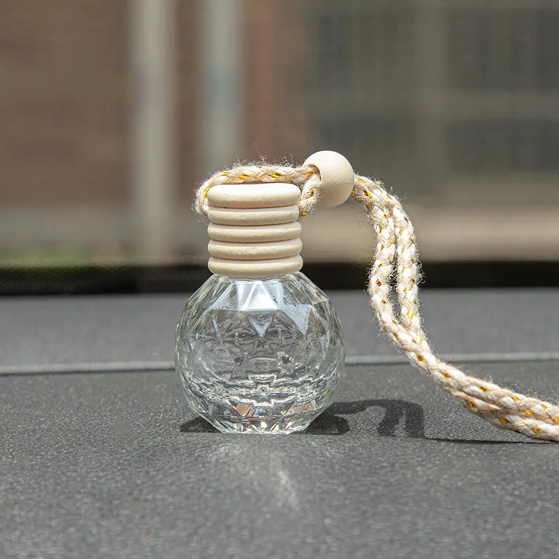 round Diamond Shape Transparent Glass Car Air Diffuser Bottle with Hanging Rope Clear for Perfume Oil Air Freshener Packaging