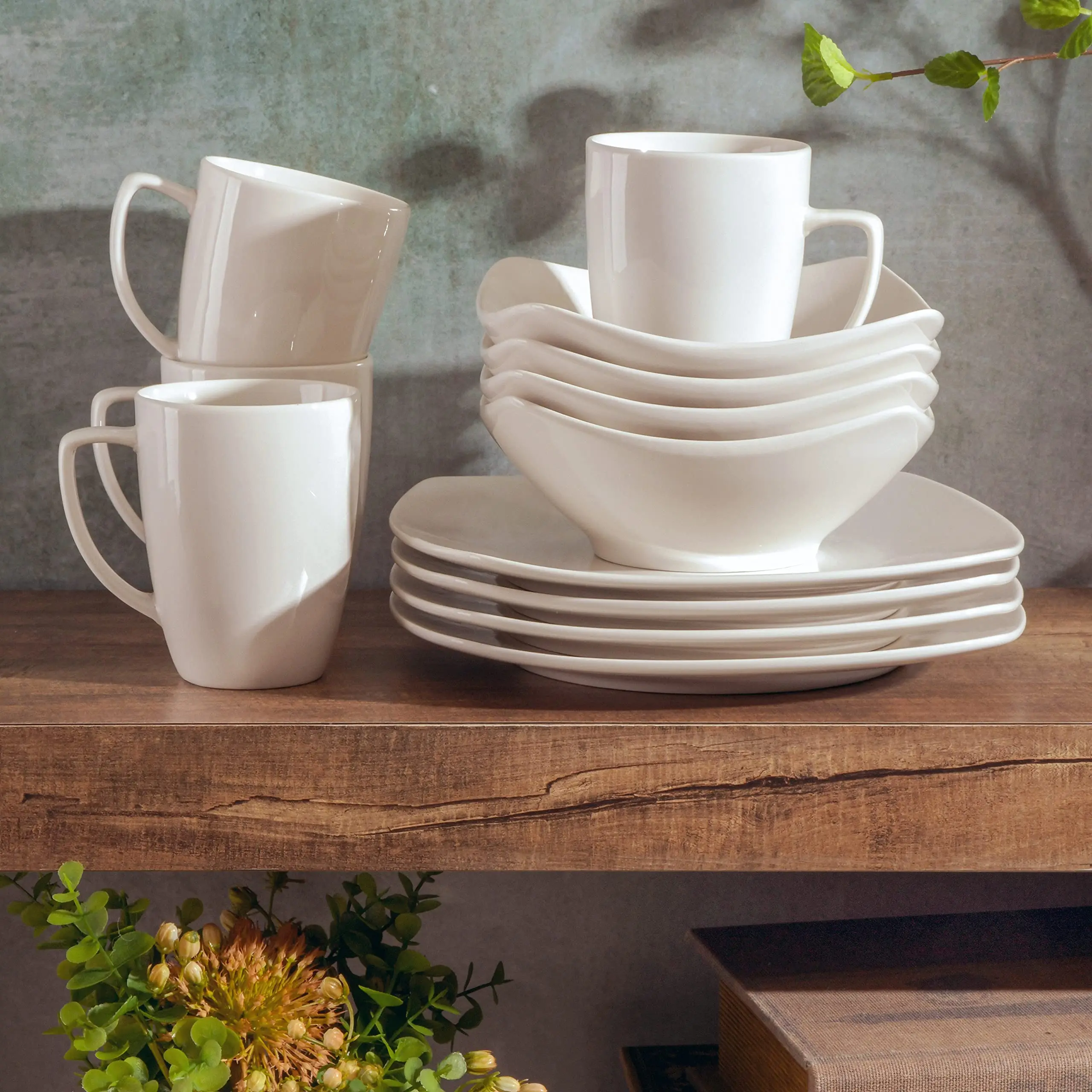 Ceramic Tableware 16pcs Ceramic Dinner Set White Square Shape Dinnerware Set for Gift Premium Quality Porcelain Plate Bowl Mugs