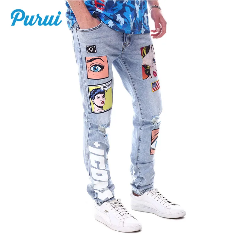 Заводская индивидуальная цена Печать комиксов патч дизайнерские мужские джинсы с логотипом