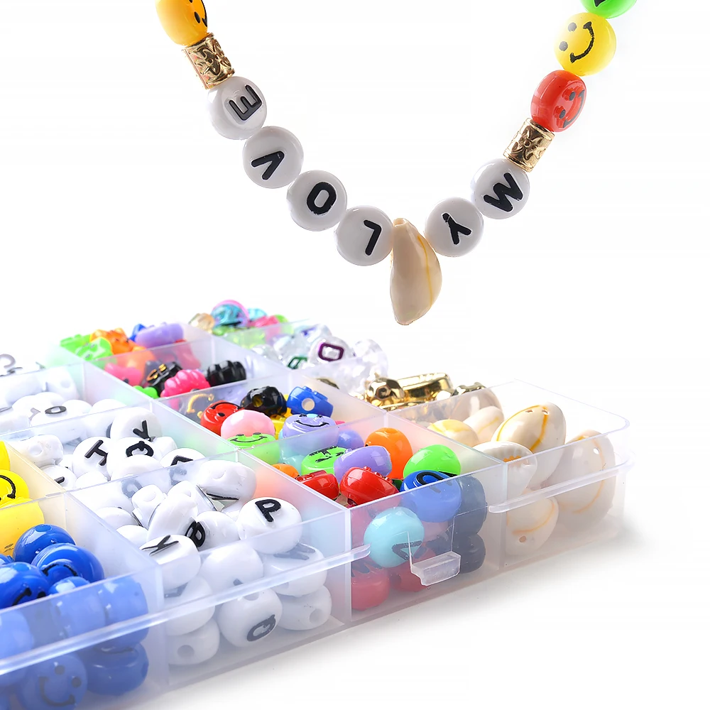 Amazon 24 Slots 600 Pcs Mixed Flat Round Smile Face Beads Acrylic Letter Beads Box Set  For Jewelry Making Alphabet