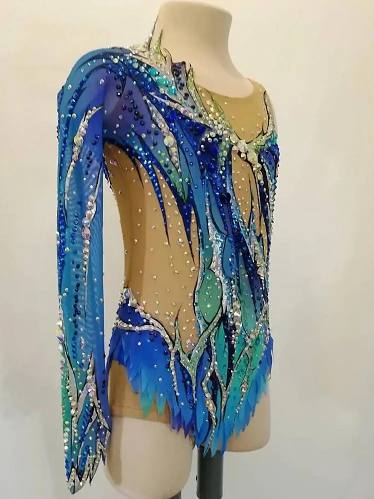 One-sleeve skating dress blue Rhythmic gymnastics leotards costumes girls competition ballroom leotards dance costumes