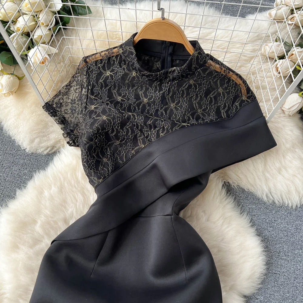 Custom sexy lace embroidery patchwork irregular dress women short sleeve Fanny pack hip black evening black dress