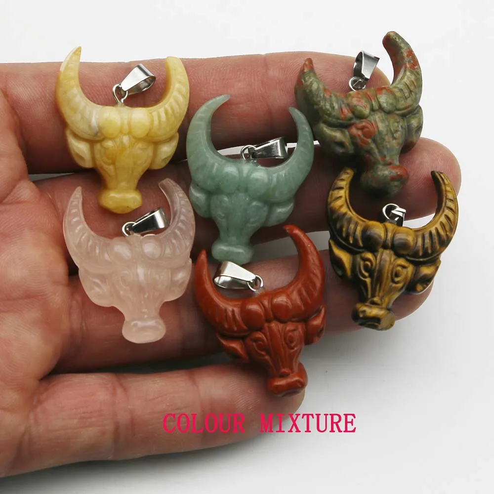 Natural stone crystal agate green yellow jade tiger eye semi-precious stone ox head animal carving pendant necklace jewelry