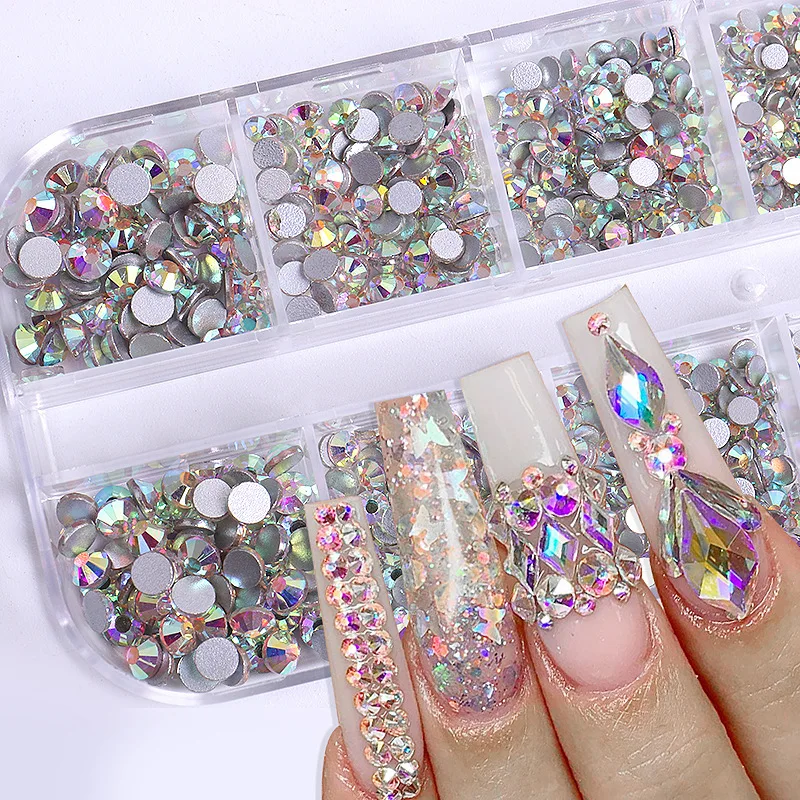 12Grids SS4-SS16 Mixed Nail Rhinestones Red /Green Diamond Nail Gems Flat-back Glass Stones Nail Charms with Wax Pen Picker