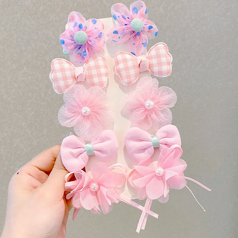 Sweet Lace Flowers Hair Pin Candy Color One Word Clip Kids Princess Girls Flower Pearl Double Bow Hair Pin Set