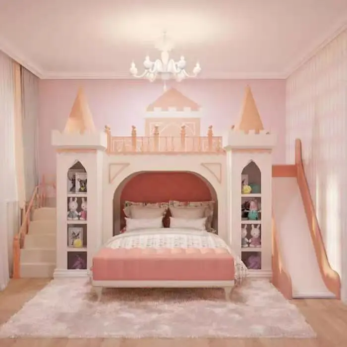 OEM Princess Castle Bunk Bed Bunker Bed Luxury Pink And Gold Bedroom Furniture Set For Girls With Big Wardrobe cabinet twin boys