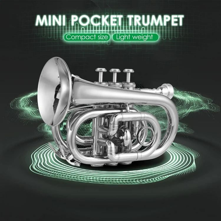 Bb Trumpet Mini Pocket Trumpet with Mouthpiece Carry Bag Gloves Cleaning Cloth Brass Instrument