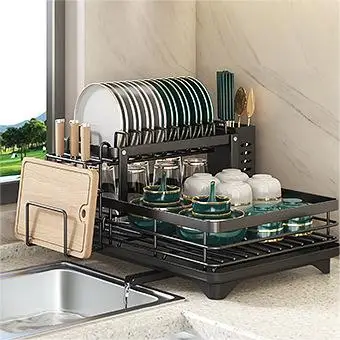 Rotating water guide dish rack (2 layers + accessories black) integrated storage rack tableware bowl tray cabinet