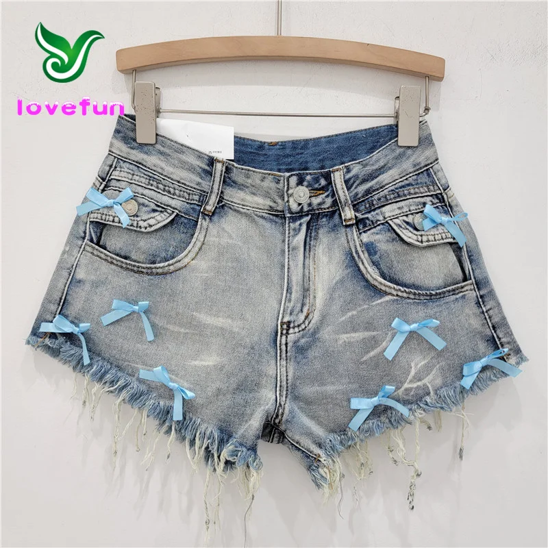 2024 Summer New Collection Leisure street clothing High Waist Fashion Hot Pants Vintage Bow Denim Shorts For Women