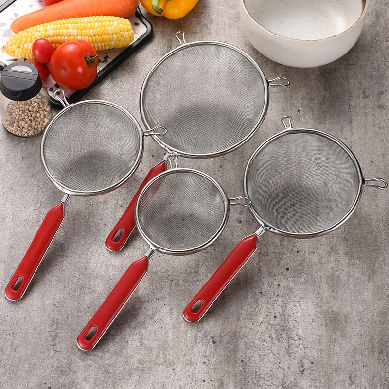 F3-308 Stainless steel short handle double ear net leaky spoon creative red handle flour sieve filter spoon net
