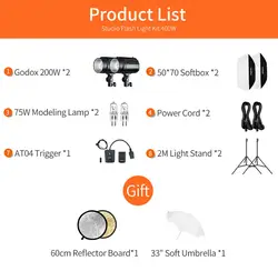 Godox 400Ws Strobe Studio Flash Light Kit 2pcs 200Ws Photographic Lighting - Strobes + Light Stands + Triggers + Soft Box