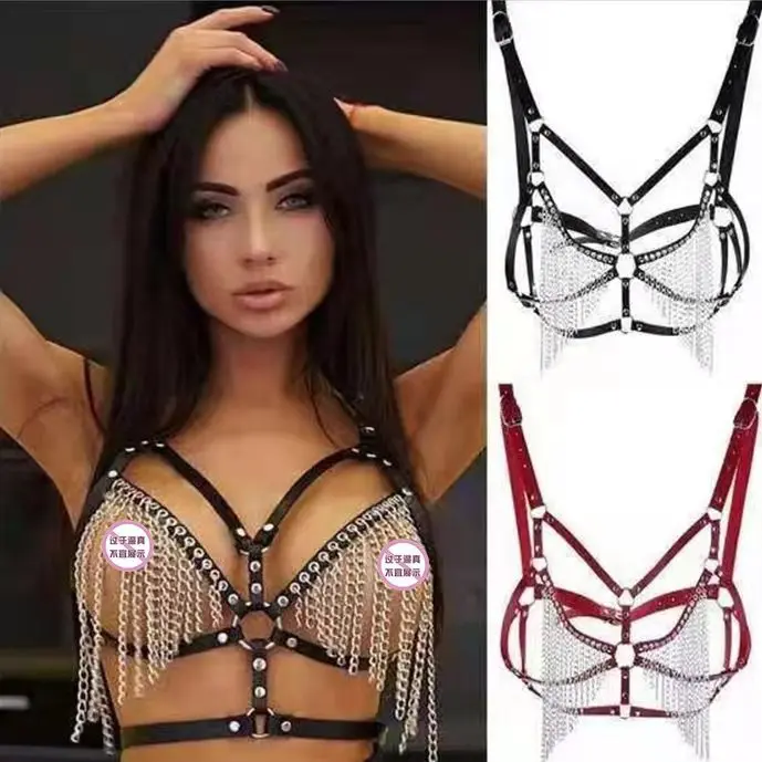 Wholesale Leather Hollow Bikini Bra Waist Belt Leather Chain Bind Belt Harness Body SM Bondage Sexy Women Lingerie