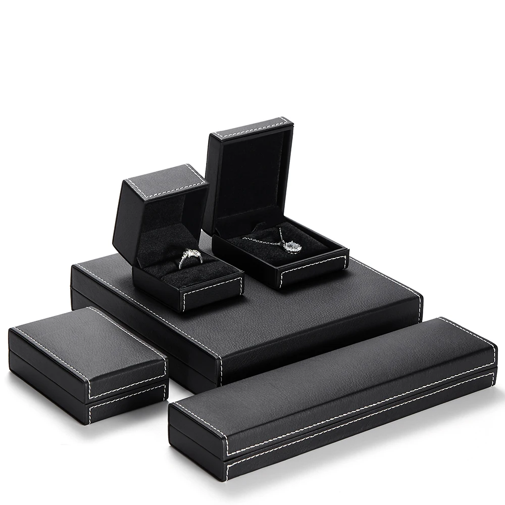 Noble mature good texture trace black leather jewel storage box for ring necklace bangle bracelet jewellery set pack