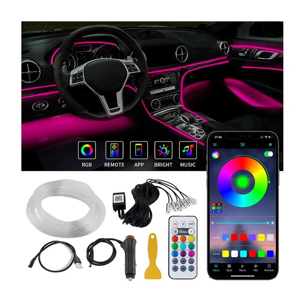 2022 new car lights interior wireless RGB APP control Lights color changing Decorations led strip led ambient light car