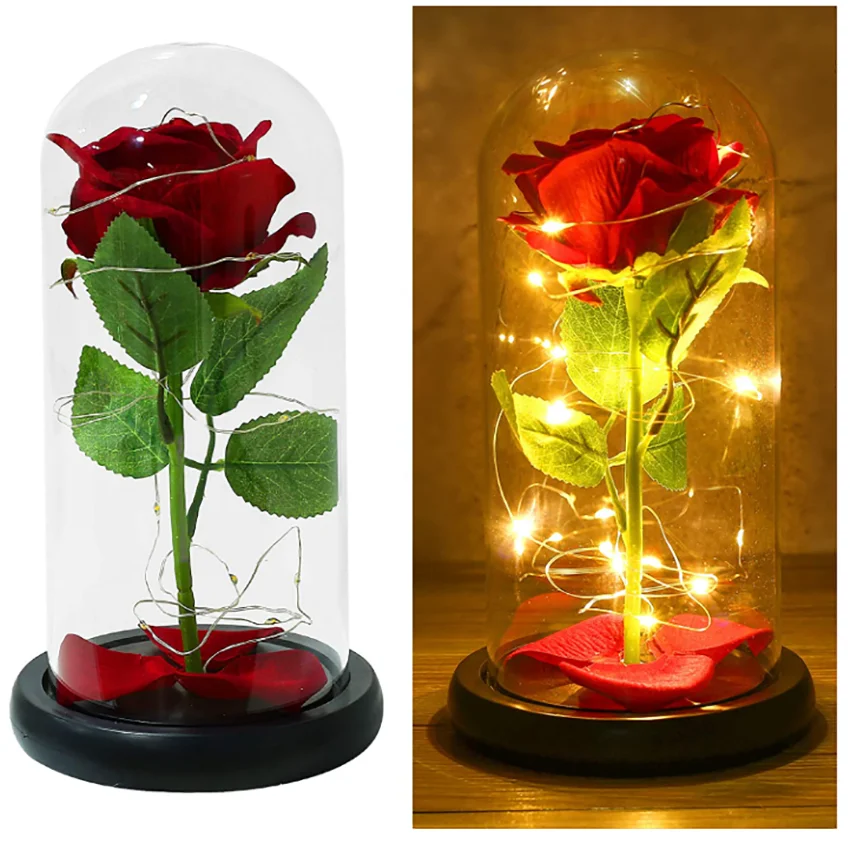 oem high quality competitive price enchanted eternal rose glass set preserved flower red rose with led lights in a glass dome