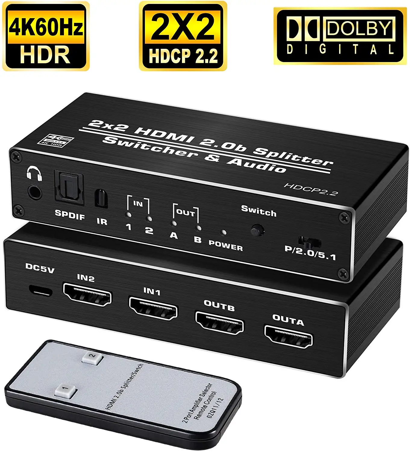 4K HDMI Switch Splitter 4K 60Hz  HDMI 2.0b 2 in 2 Out with Scalar Optical Toslink SPDIF 3.5mm Audio Extractor