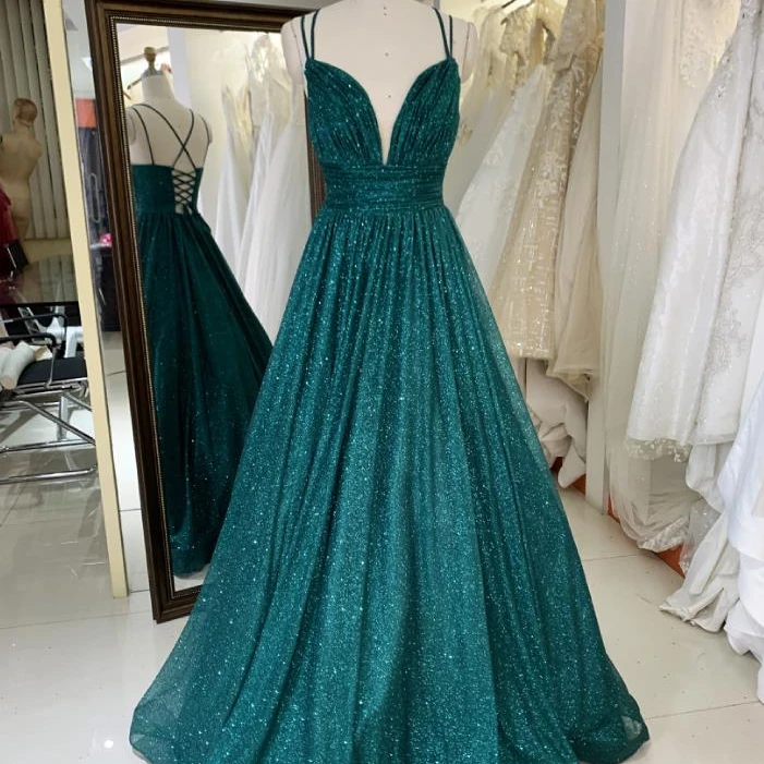 Emerald green sleeveless glitter tulle hand pleated deep V neck A line lace up back prom dresses 2023
