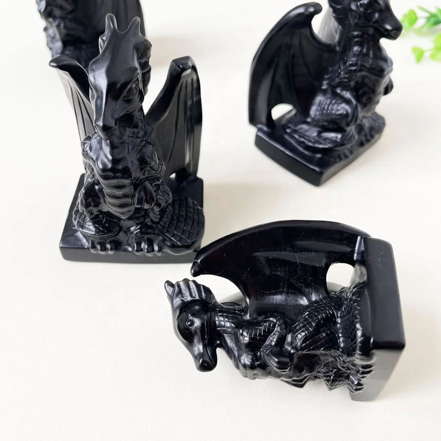 Natural Obsidian Flying Dragon Carved Quartz Crystal Dragon Statue Figures