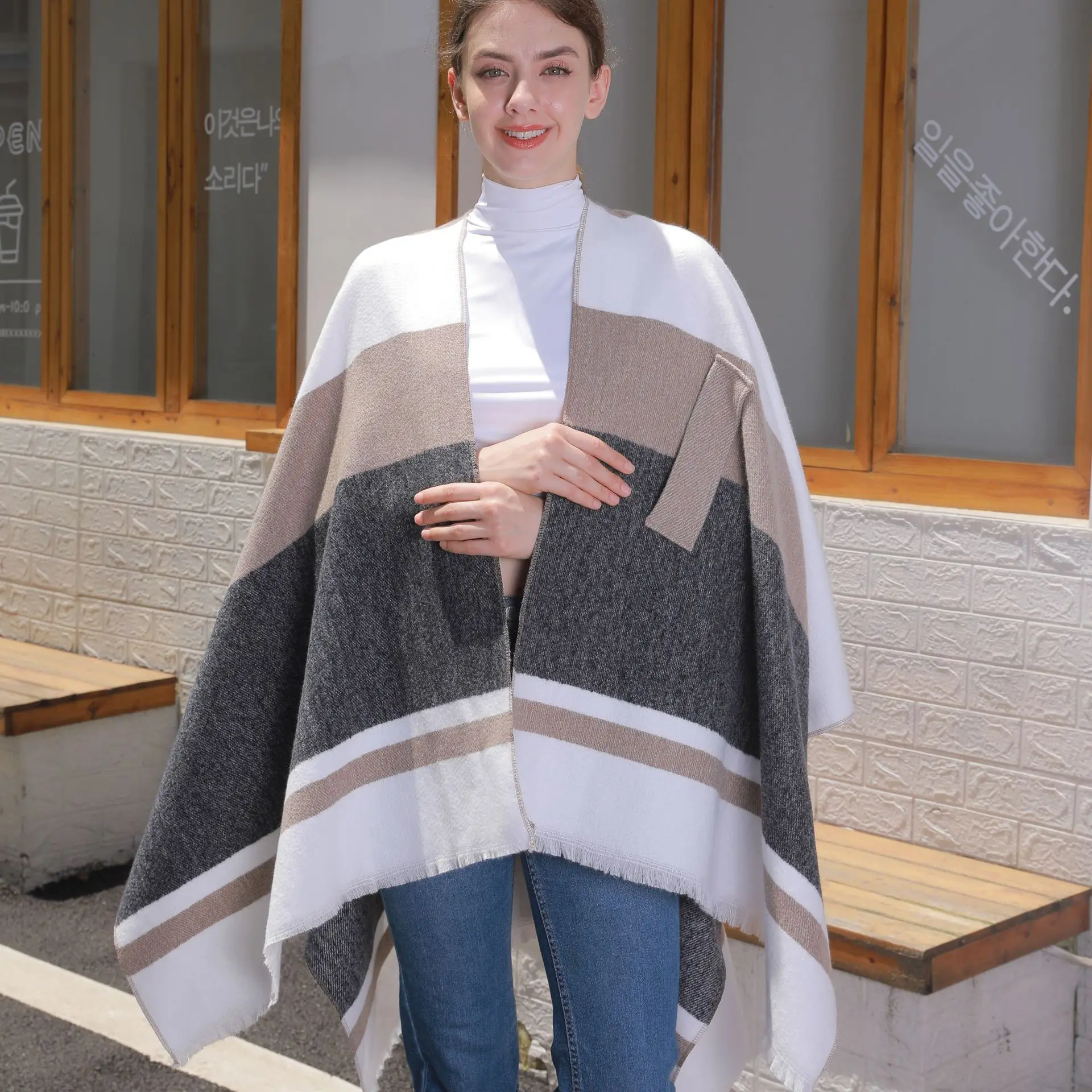 2024 New Product Winter Tassels Shawls Scarves For Women Warm Wrap Ponchos With Sleeves