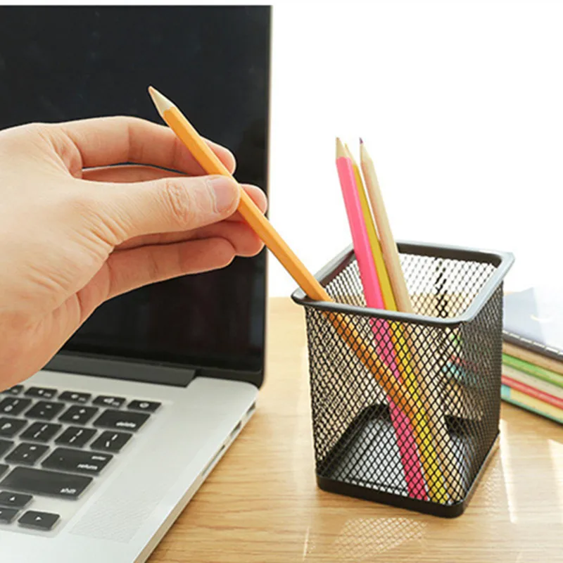 Round or Square Black Metal Mesh Desk Organizer Office Pencil Pen