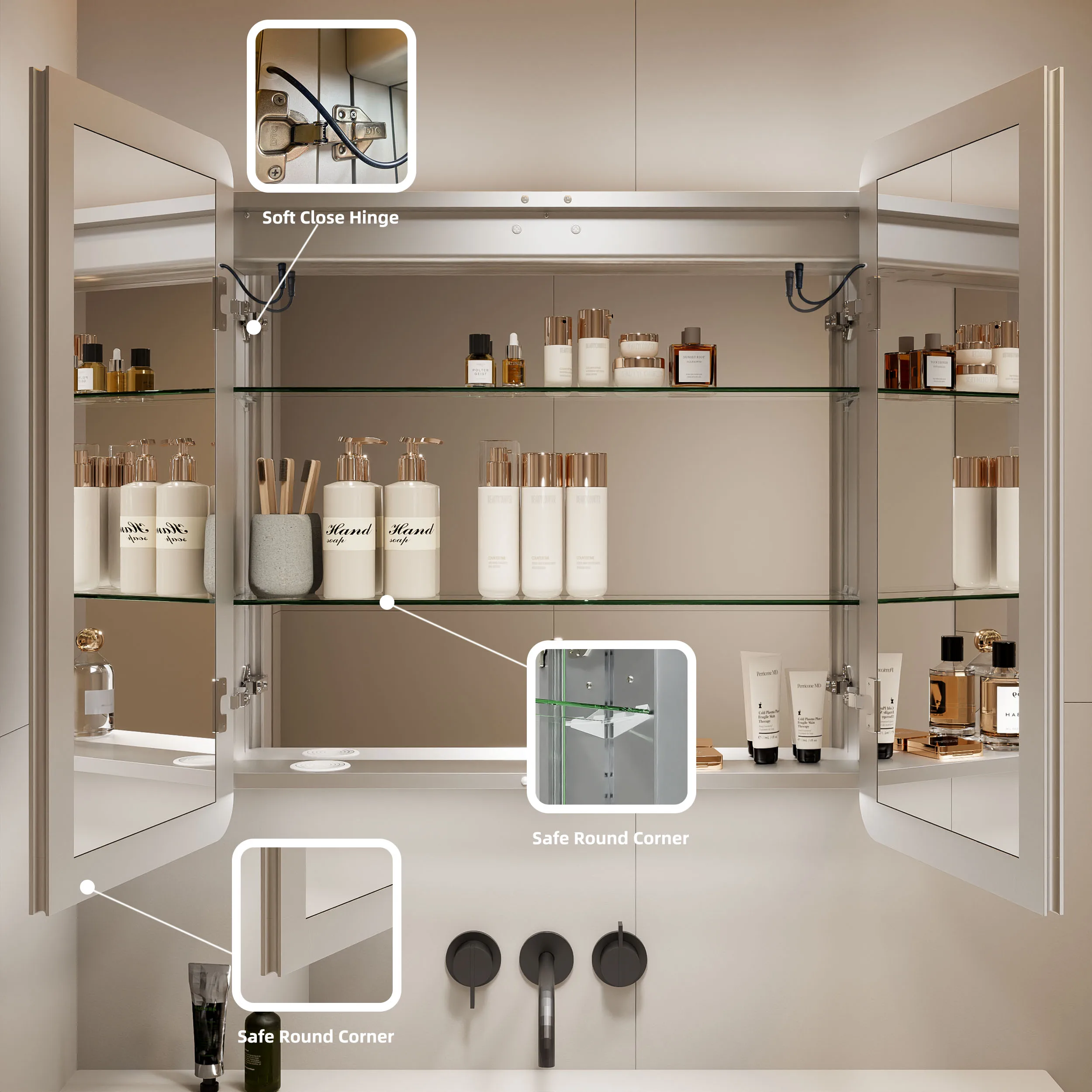 Modern 800mm Smart Touch Surface Mount Frontlit Anti Fog Washroom Medicine Toilet Led Lights 2 Door Mirror With Cabinet Bathroom