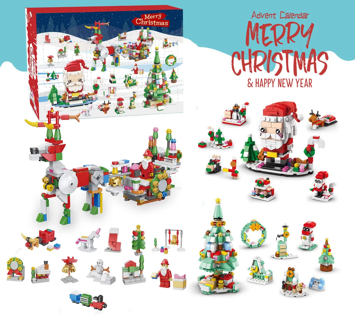 Christmas Blind Box Building Block  Marine Animal Car and Engineering Vehicle Building Blocks DIY Advent Calendar Box Toy