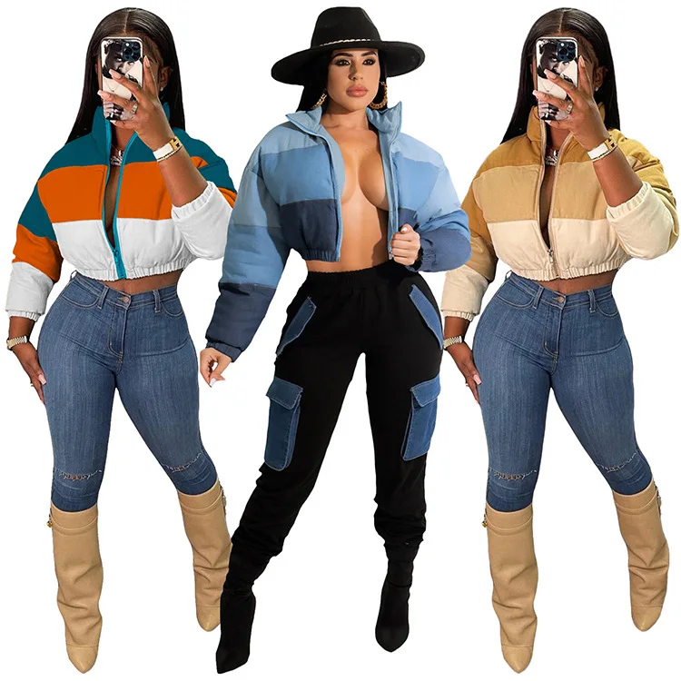 Zipper Turtleneck Warm Short Bubble Coat Patchwork Gradient Denim Puffer Womens Winter Clothing