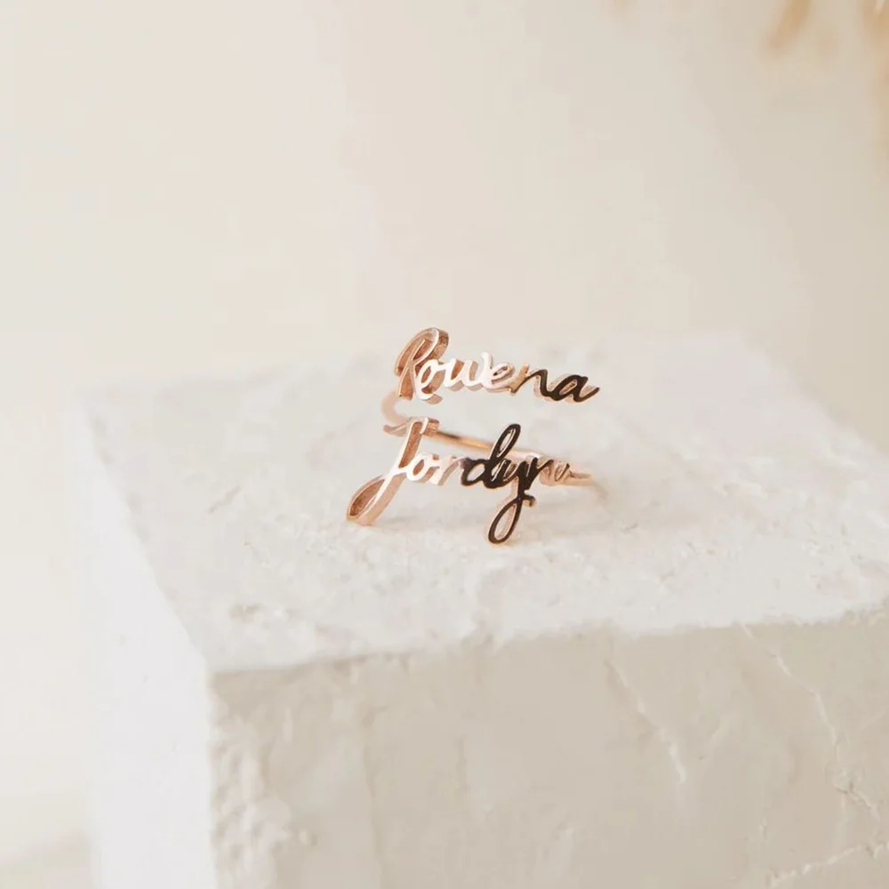 Women Stainless Steel Gold Plated Custom Personalized Name Open Letter Jewelry Adjustable Ring