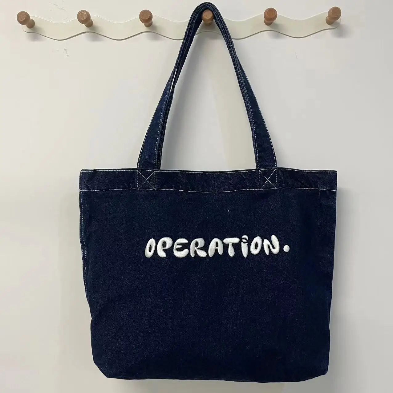 Custom Logo Embroidery Vintage Denim Canvas Bag Oversized Large Capacity Tote Bag Denim Grocery Bag with zipper inside pocket