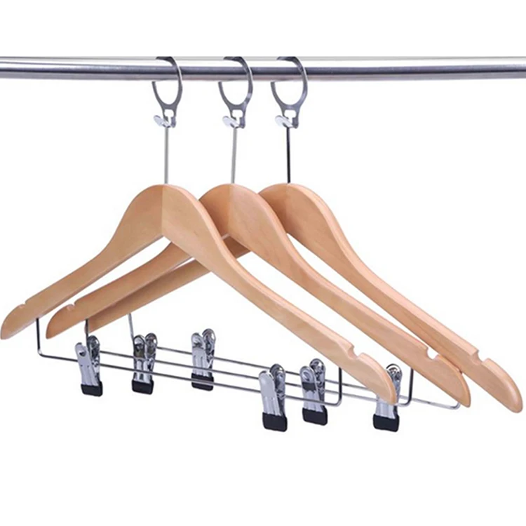 Custom Anti-thief Ring Pants Skirts Wooden Hotel Hangers With Anti-slip Metal Clips