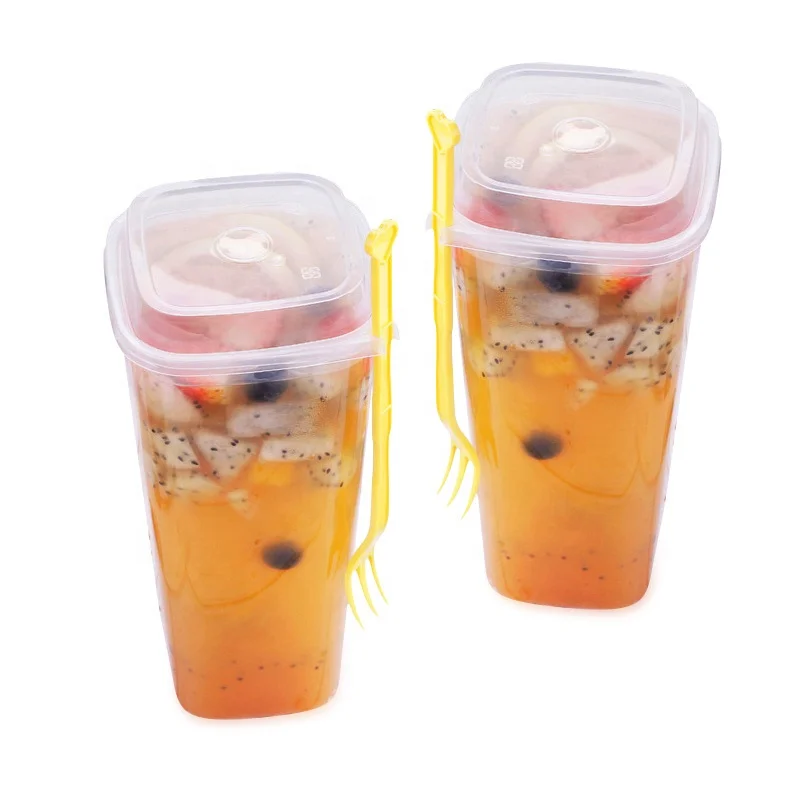 Bubble Tea Plastic Cup With Lid And Fork Square Cup Disposable For Fruit Tea 960ml Boba Drinking Cups