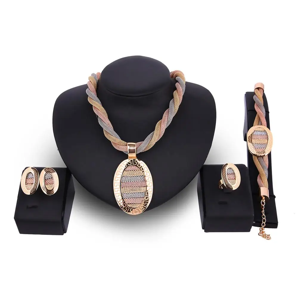 Fashion Gold Silver Plated Women Dubai Jewellery Party Earring Necklace Girl Golden Elegant 4Pcs Luxury Costume Jewelry Set