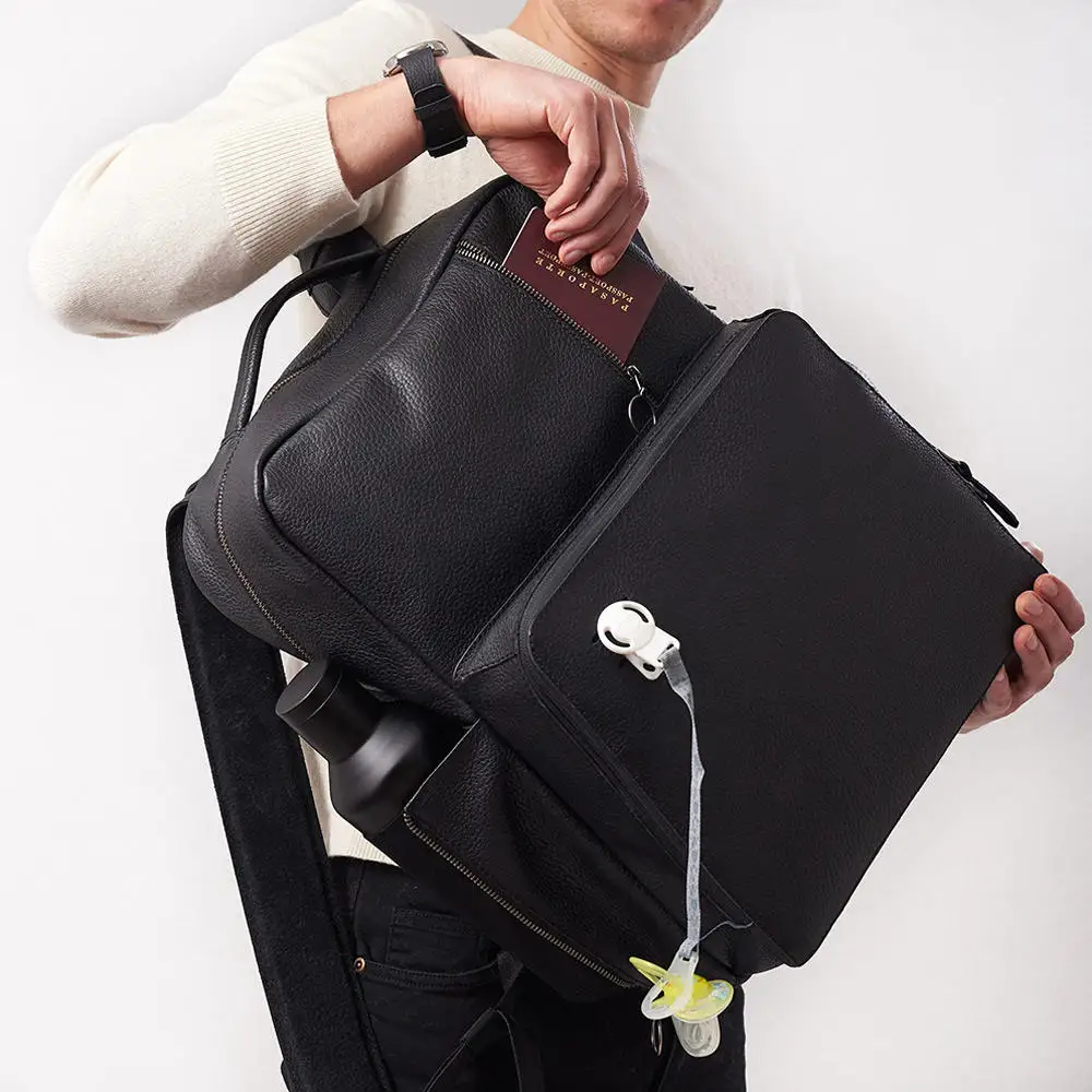 Высококачественный новый черный кожаный мужской рюкзак для подгузников с логотипом на заказ, сумка для влажных подгузников, рюкзак с пеленальной подушкой