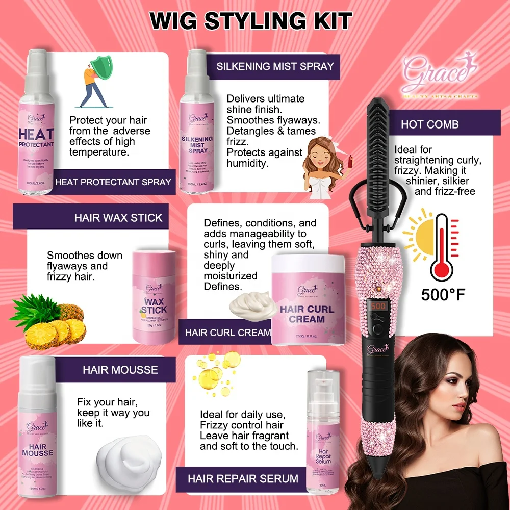 Private label wax stick hair repair serum heat protectant spray curly hair mousse Straightening 500F hot comb hair styling Kit