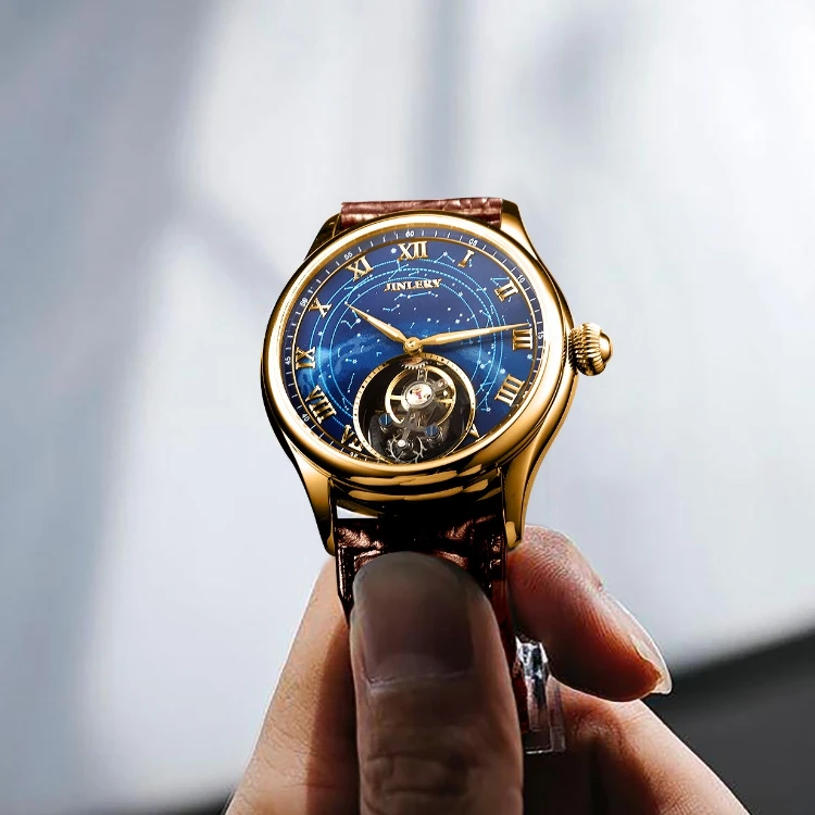 JINLERY tourbillon automatic watches mechanical gold stainless steel watch skeleton tourbillon mechanical movement watch
