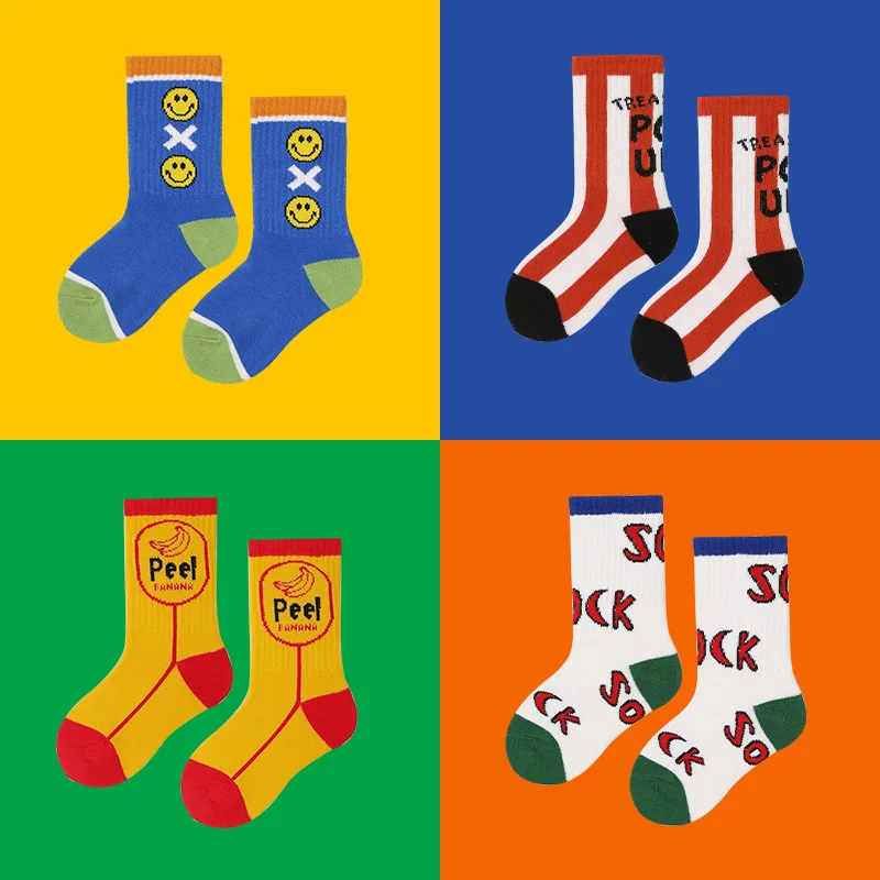 KTS478  Custom Jacquard Fashion Design Letters Logo Combed Cotton Bamboo Casual Kids Children Happy Crew Socks For Girls Boys