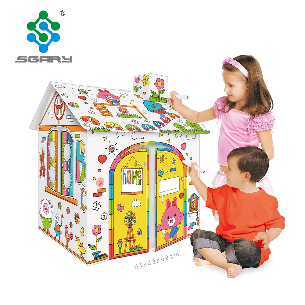 custom colorful doodle painting corrugated paper indoor house cardboard play house with markers