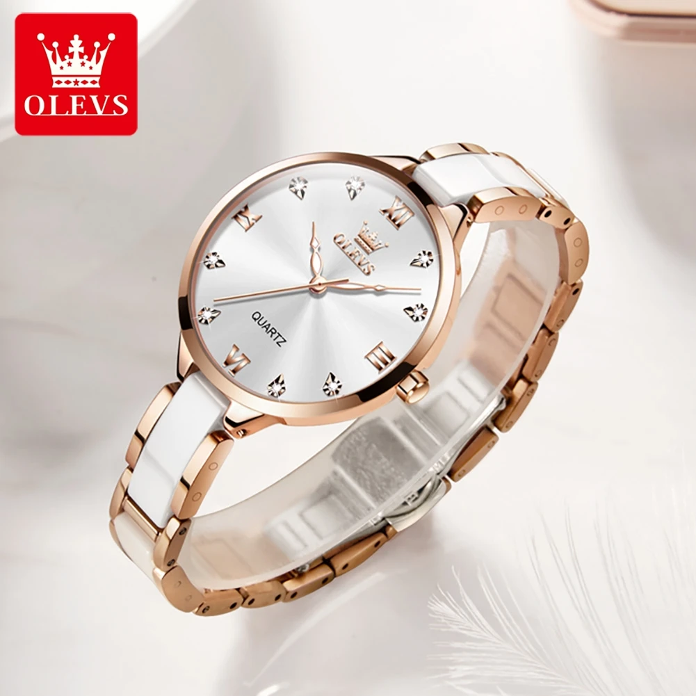 Top 2024 Olevs 5872 New Luxury Fashion Quartz Stylish Simple Ladies Watch Ceramics Diamond Women Wristwatches