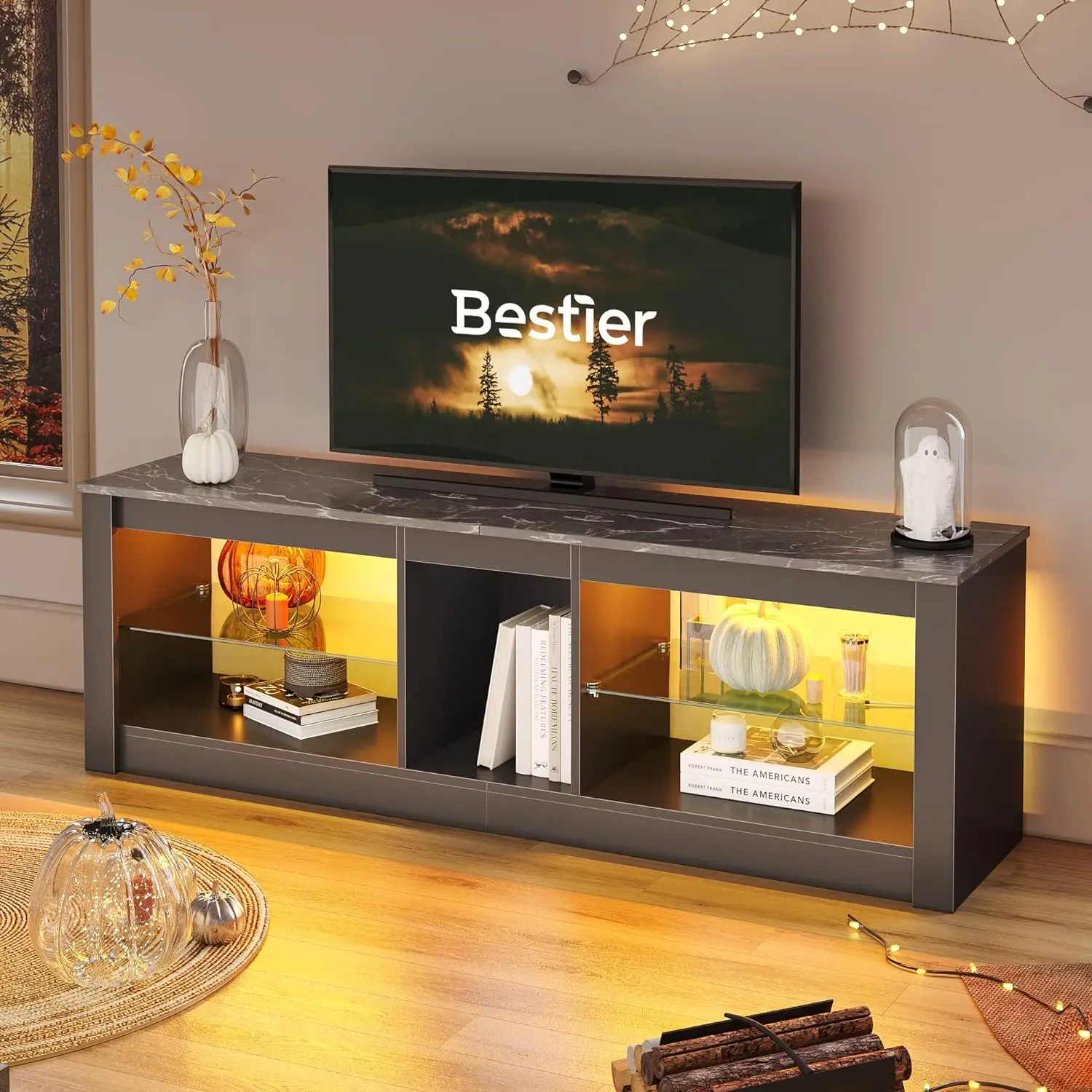 Marble Entertainment Center LED Gaming TV Stand Adjustable Glass Shelves TV Game Console  Cabinet