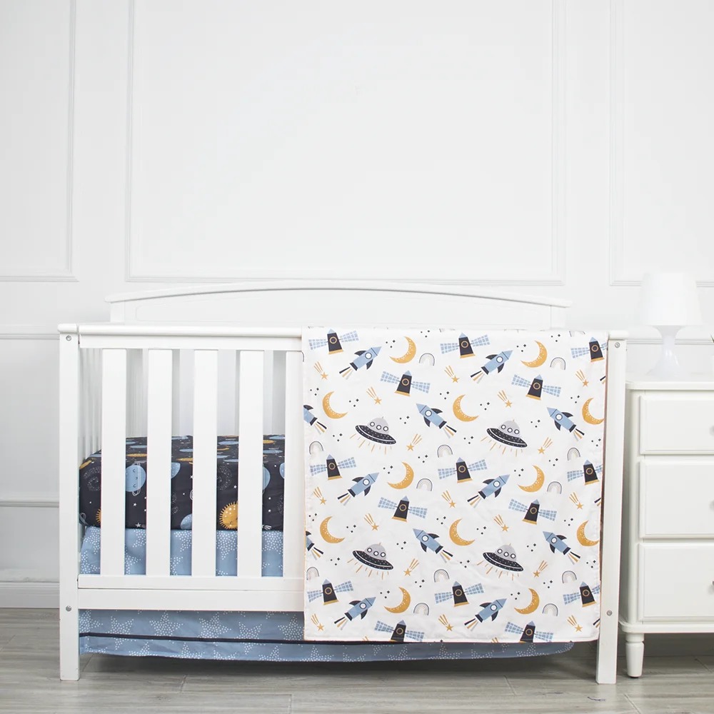 Space Planet Theme 3D Printed Organic Cotton Soft Cartoon Boy Baby Bedding Set Crib Bedding Set