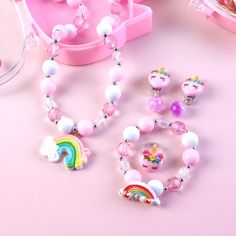 Cute Cartoon Girls Pearl Necklace Jewelry Unicorn Ring Kids Jewelry Box Set Wholesale