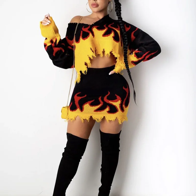 Модный комплект из 2 предметов, вязаная Сексуальная Дамская юбка, свитер, костюм-двойка