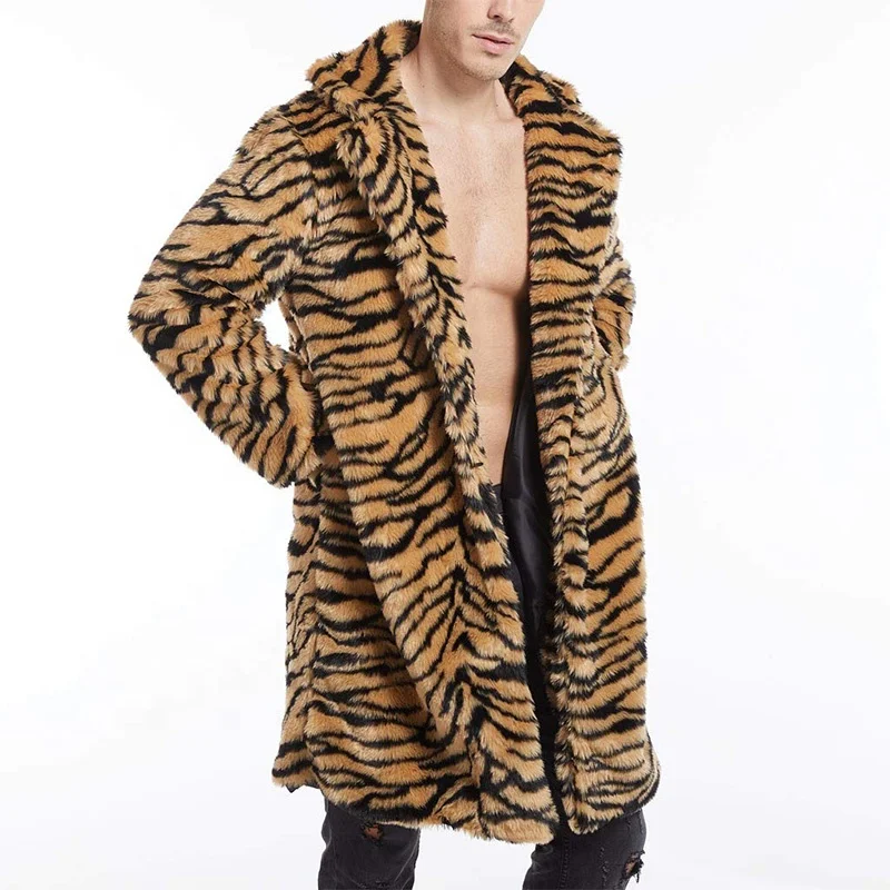 Mens Brown Faux Fur Coats Zebra Print Jacket Woolen Blazer Long Overcoat Tiger Print Tops Womens Cardigan Wool Coat