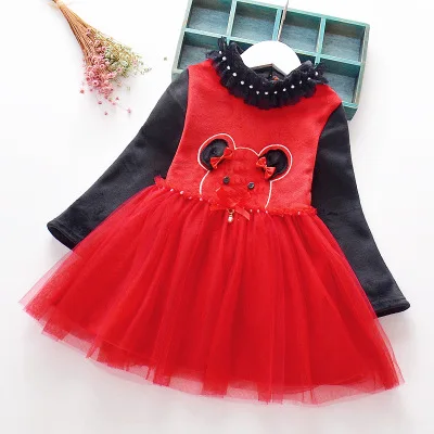 Girls winter one-piece dress Chinese style bear embroidered princess dress plus velvet thickening baby girl skirt