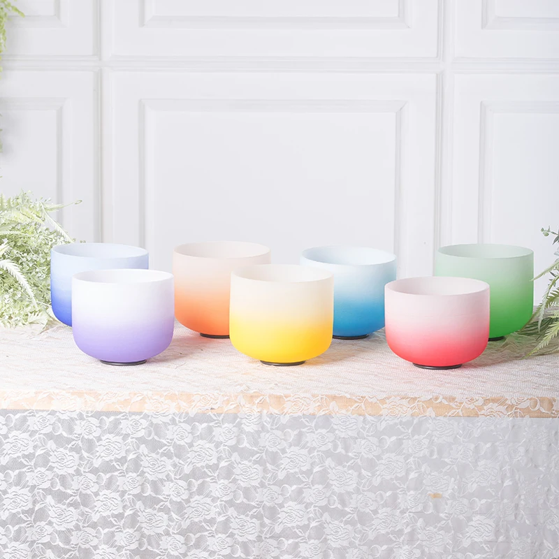 Seven half colors  Chakra Singing Bowl Set Sound Healing Healthy Free Mallets and O Rings Frosted Crystal Singing Bowls